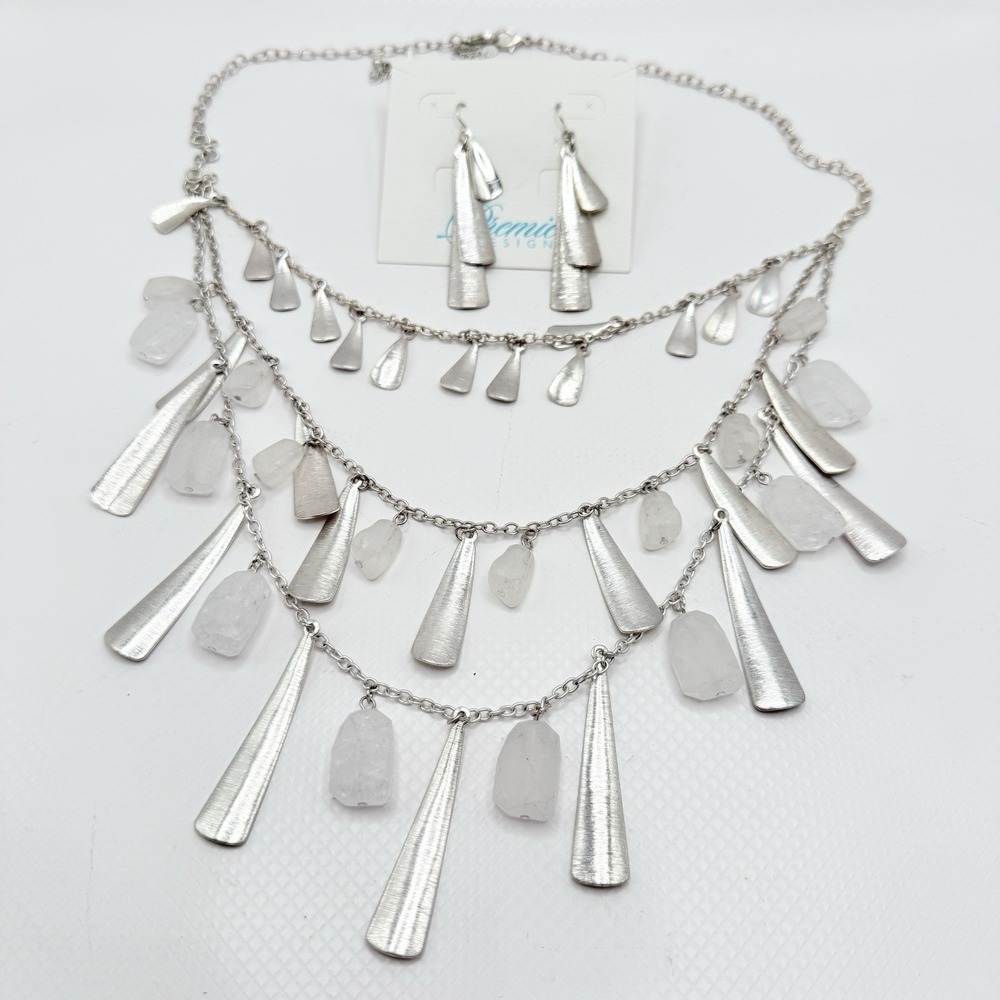 Premier Design 3 Strand Beach Glass Metal & Acrylic Necklace w/ Earrings